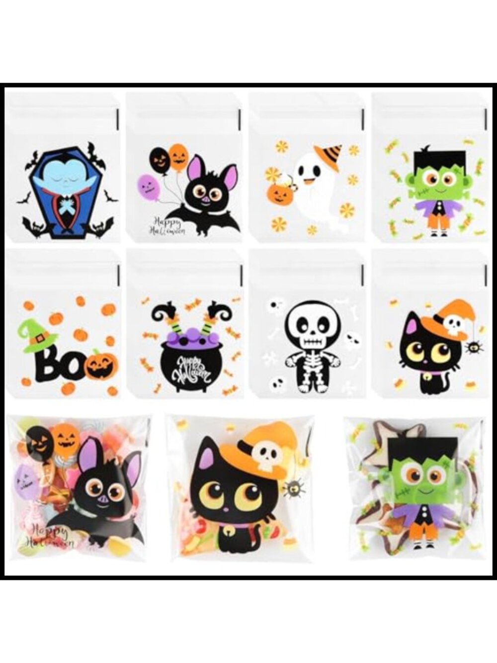 200pc Halloween Cellophane Treat Bags Self Adhesive OPP Candy Goodie Bags